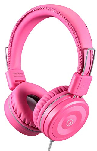 noot products Kids Headphones K22 Foldable Stereo Tangle-Free 5ft Long Cord 3.5mm Jack Plugin Wired On-Ear Headset for iPad/Amazon Kindle Fire/Girls/School/Laptop/Travel/Plane/Tablet FlamingoPink