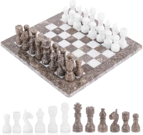 Radicaln marmor, schackset, 30,5 cm (12 tum), grått oceaniskt och vitt, handgjort schackset för vuxna – resebrädspel för 2 spelarspel – 1 schackbräde och 32 schackpjäser – schackspel | Havs- och vit marmor, handgjord, naturlig marmor, lyxig dekor, elegant gåva, 32 schackfigurer