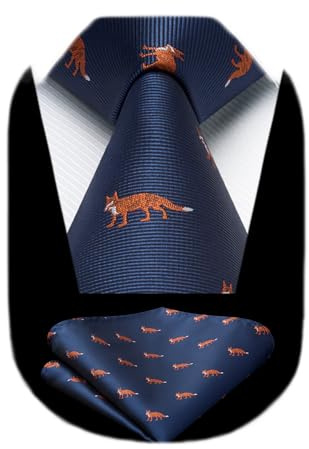 HISDERN Fox Tie for Men Navy Blue Ties Handkerchief Novelty Animal Pattern Wedding Necktie & Pocket Square Set