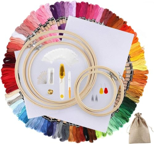 ilauke Stickgarn set 100 Farben,Kreuzstich Set mit Jutebeutel,Rahmen aus Bambus,Embroidery Floss Multifarben Weicher Polyester Perfekt für Armbänder Knüpfen Stickerei Basteln Crafts Arts Kreuzstich