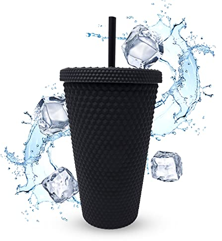 Nadia's Little Treasures Studded Tumbler Straw Lid - Plastic Double Walled Cold Cup for iced Coffee, Water, Slush or Smoothies, Your Home Cinema Cup (Matte Black 16OZ / 450ml)