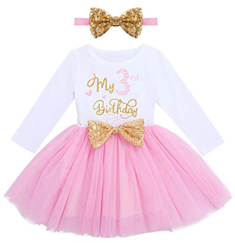 FYMNSI Enfant Bébés Filles Mon 1er / 2ème / 3ème Anniversaire Robe Princesse Manche Longue Soirée Tulle Robe Noeud d'or Bandeau Photographie Tenue 1-3 Ans