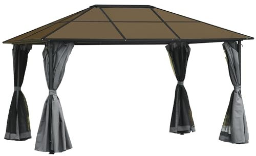 Outsunny Tonnelle pavillon de Jardin avec Toit Rigide Polycarbonate imperméable 4 parois latérales Anti-UV moustiquaires 4 x 3 m Gris foncé et Noir