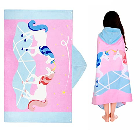 FLYISH DIRECT Serviette de Plage Capuche Enfant, Cape Serviette, Serviette Poncho pour Garcon and Fille, 100% Coton, Très Absorbant, 127 x 76cm, Licornes étoilées