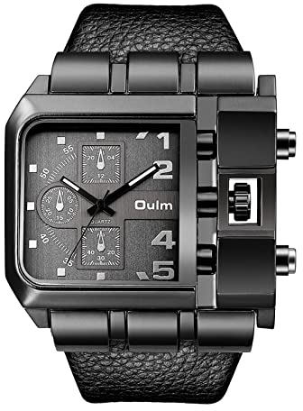 JewelryWe Herrenuhr Analog Quarz Casual Armbanduhr Männer Leder Armband Militäruhr Sport Uhr mit Groß Quadrat Zifferblatt Schwarz