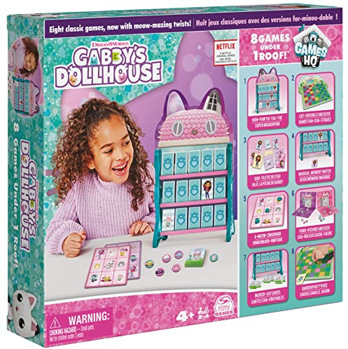 Gabby's Dollhouse, Games HQ Checkers Tic Tac Toe Memory Match Go Fish Bingo Cards Board Games Toy Gift Netflix Party Supplies, for Kids Ages 4 and up