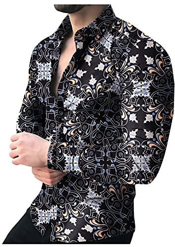 Camicia in popeline stampata a maniche lunghe slim fit da uomo camicia in cotone Funky floreale hawaiana camicia button down partito casual fantasia camicie floreali, Nero , XXL