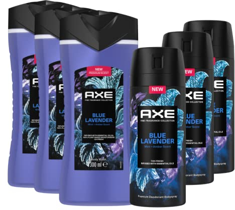 AXE Fine Fragrance Collection Bodyspray und Duschgel Blue Lavender Bodywash Deo mit 2x mehr Frische-Booster 6 Stück (2x3)