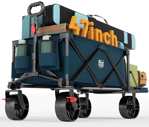 Timber Ridge 47 L Collapsible Wagon with Tailgate & Brake, 300 lbs Heavy Duty Beach Wagon with All-Terrain Big Wheels, 250L Foldable Utility Cart for Sand Camping Sports Shopping, Blue