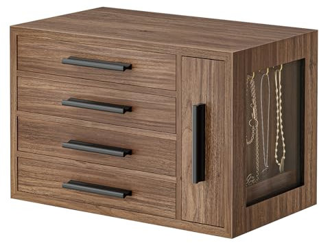 HOOBRO Schmuckkästchen, Schmuckbox aus Holzwerkstoff mit Glasfenster, 4-stufige Schmuckaufbewahrung, Schmuckkoffer für Ohrringe, Halsketten, Ringe, Dunkler Walnuss und Schwarz EBH09JB04