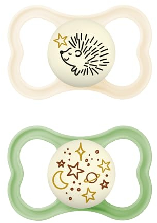 MAM Supreme Night Schnuller im 2er-Set, leuchtender Babyschnuller für eine gesunde Zahn- und Kieferentwicklung, beugt Hautreizungen vor, mit Schnullerbox, 6-16 Monate, Igel/Universum