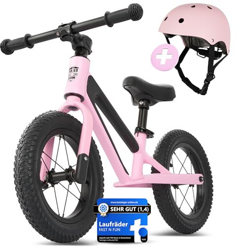 FAST N FUN Laufrad ab 2 Jahre mit Helm [2-5 Jahre] Kinder-Laufrad 12 Zoll Ultraleicht Tragegriff Fußstütze Magnesiumrahmen ergonomischer Sitz höhenverstellbar bis 50kg Luftreifen Lauflernrad Mädchen