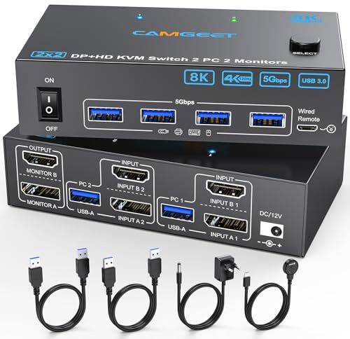 4K@144Hz HDMI Displayport KVM Switch 2 PC 2 Monitor, Camgeet USB 3.0 KVM Switch Doppio Monitor DP 1.4 HDMI 2.1 per 2 Computer che Condividono 4 porte USB 3.0 e due Monitor, con Controller Cablato