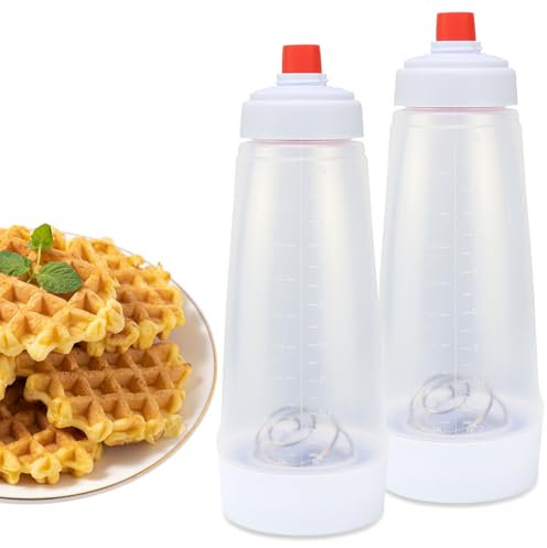 2 Pack Pancake Batter Dispenser with BlenderBall and Wire Whisk, 33 Oz Silicone Squeeze Pancake Mix Dispenser, Kitchen Pancake Batter Dispenser Bottle for Waffle Cupcakes Muffins Crepes Qatayef