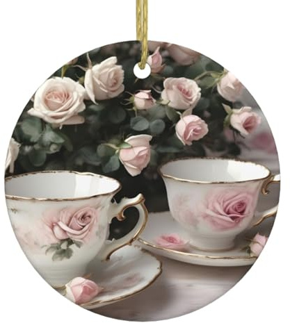 Tea Cups with Roses Romantic Shabby Print Christmas Tree Ceramic Hanging Ornaments for Home Party Holiday Decoration Supplies