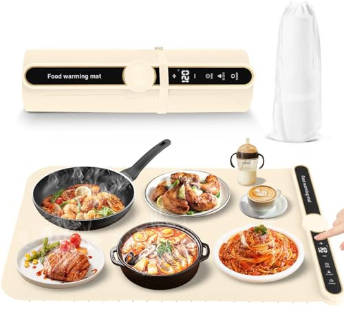 Gxpjycfob Chauffe Plat Électrique Pliable, Plateau Chauffant Électrique Flexible, Tapis Chauffe Plat électrique avec 9 Réglages de Température 40°C to 120°C pour Buffets Fêtes 60X38CM (Beige)