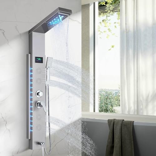 Pannello Doccia in Acciaio Inossidabile TVTIUO con Soffione a Pioggia, Soffione a Cascata, Doccetta Manuale, Doccetta Posteriore e Bocchettone Vasca, con LED,Spazzolato