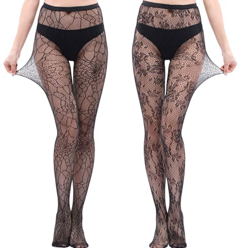GIEEU Collant femme sexy 2PCS - Collants Bas Résille pour Femmes en résille& Design de toile d'araignée en dentelle florale, extensible et respirant pour la fête, le quotidien, les sorties nocturnes