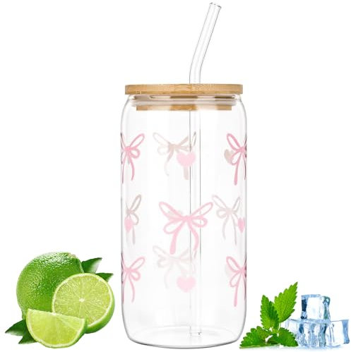 YYTECH Bicchiere in vetro con coperchio e cannuccia, Tazze in Vetro a Forma di Lattina, Tazza da Caffè Ghiacciata, Bicchieri da Caffè Ghiacciato,per Soda,Smoothie,Bubble Tea,Cocktail