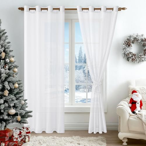 Hiasan 2er Set Sheer Voile gardinen vorhänge gardine Wohnzimmer mit ösen Curtains scheibengardinen Vorhang Transparente Durchsichtig Luftig Dekoschal für Schlafzimmer 240x140cm(HxB) Weiß