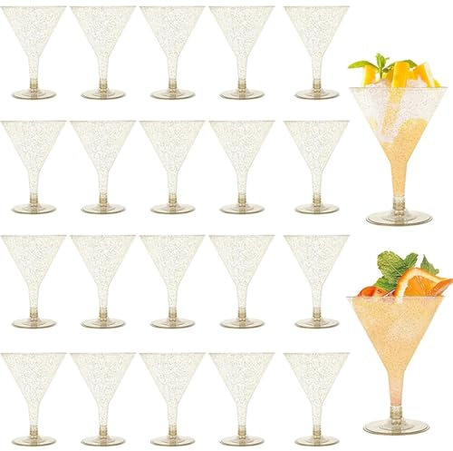 MEKLITRZ Verres à martini en plastique de qualité supérieure avec paillettes dorées (180 ml), gobelets à cocktail transparents pour fête, mariage, anniversaire, Noël, anniversaire de mariage