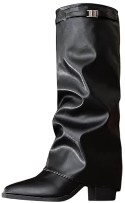 Generisch Bottes pour Femme Shark Boots - Bottes Cowboy Confortables avec Empeigne Large et Bout Pointu, Talon Épais, Tige Longue, Genou Haut, Hiver Chaud, Demi-Bottes en Cuir, Mode, Confort, 02 noir