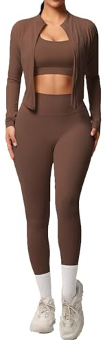 Vhersily 2026 Tuta Da Jogging Da Donna 3 Pezzi Tinta Unita Slim Fit Crop Top e Maniche Lunghe Per Corsa Fitness Cardigan e Leggings Per Yoga, Sport, Set Sportivo Sportswear Completi Ginnastica Casa