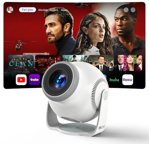 Smart Mini Projector with Android 14 OS, 1080P/4K/8K Video Decoding, WiFi 6 & Bluetooth 5.4, 270° Rotatable Stand, Auto Vertical Keystone, Portable Proyector for Bedroom & Home Entertainment(White)