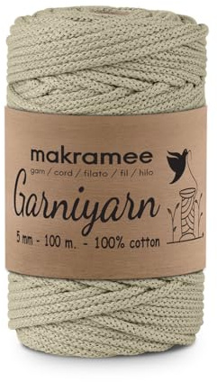 GarniyarN makramégarn 5 mm, 100 m flätad, 100 % bomull, grön | OEKO-TEX, formstabilt bomullsrep för korgar, väskor, växthängare, väggdekoration, virkning, stickning och vävning
