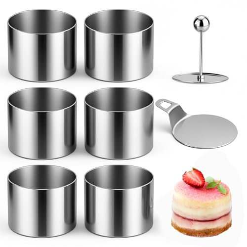 Eulihent 6 Pezzi 8cm Coppapasta Tondi Coppa Pasta di Acciaio in Acciaio Inossidabile, Anello per Torte con Sollevatore e Spatola per Torte, per Torte Dessert Mousse DIY