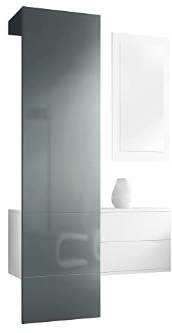 Vladon Garderobe Carlton Set 2, Made in Germany, Garderobenset bestehend aus 1 Garderobenpaneel, 1 Schubkastenschrank und 1 Wandspiegel, Weiß matt/Grau Hochglanz (105 x 193 x 35 cm)