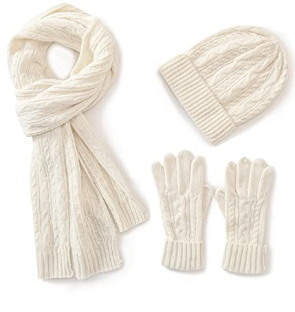 3 en 1 Laine Chapeau Gants Écharpe Ensemble pour Femme Hiver Ensemble, 3 Pièces Torsadé Bonnet pour Femme avec Boîte-cadeau (Blanc)