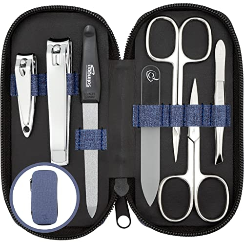 marQus Maniküre Set Damen und Herren Solingen Made in Germany 7 Teile mit patenierter Glasfeile für Hand- und Fußpflege - Kunstleder Etui in Jeans-Optik