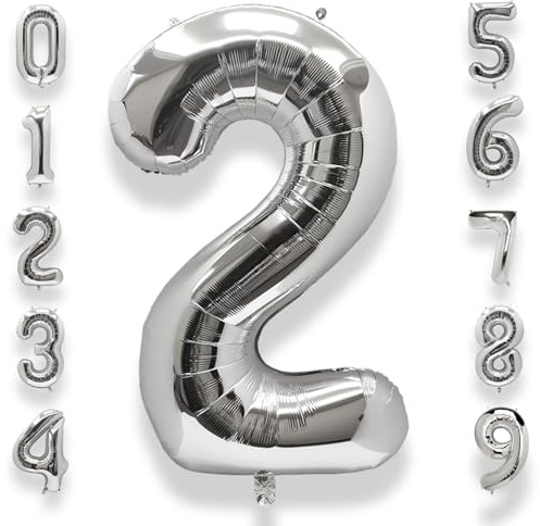 AULE Silver Number 2 Balloon 40 Inch Giant 0-60 Foil Large Balloons | Big Mylar 2 Number Balloon Helium Huge Jumbo for Happy 2nd Birthday Party Anniversary Decorations Supplies