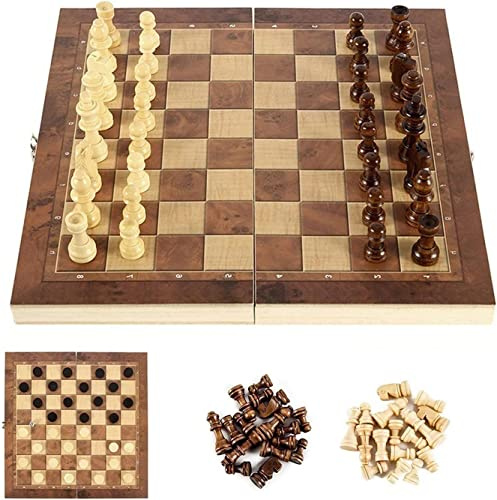 Zoutpy Set di scacchi in legno pieghevole, set di scacchi portatile 3 in 1, adatto per bambini e adulti (29 x 29 cm)