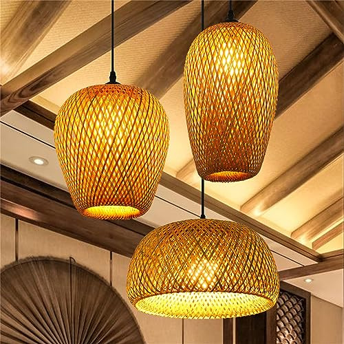 Pendelleuchte Natural Rattan Hängeleuchte Bambus Deckenlampe Vintage Holz Esstischlampe Wicker Lampenschirm E27 Höhenverstellbar Hängelampe 3 Leuchte Boho Geflochtene lampe Schlafzimmer Wohnzimmer
