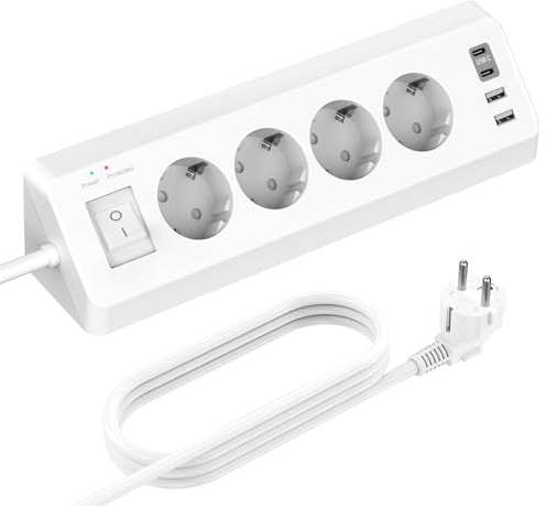 SUDEERY Ciabatta elettrica a 4 scomparti con USB C, presa angolare angolare 4 USB con interruttore, presa da scrivania, protezione da sovratensione con cavo da 3 m, per cucina (bianco)