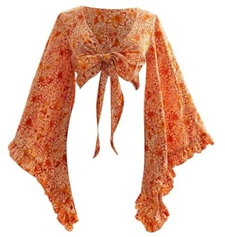 BEAUDRM Women's Boho Tops Wrap Western Country Concert 70s Outfits Tie Front Long Bell Sleeve Tops Hippie Disco Clothes Orange Large