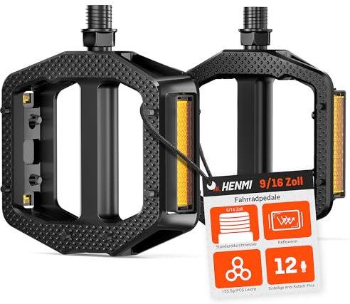 HENMI Fahrradpedale mit Reflektoren StVZO, MTB rutschfest Fahrrad Pedale 9/16 Zoll mit Abgedichtete Lager, Stabil Flat Pedale Set für Ebike Gravel Bike Trekking Rennrad Mountainbike Kinderfahrrad