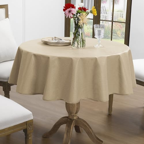 Romanstile PVC kaki rund bordsduk med linnetextur och förstärkt kant, fläckfri, vattentät, 140 cm, för medelstora runda bord, matsal, trädgård, terrass, utomhus, påsk