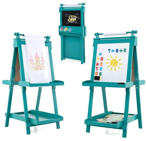 RELAX4LIFE 3 in 1 Cavalletto per Bambini Pieghevole in Legno, Altezza Regolabile, Lavagna Magnetica con Lavagna Bifacciale, con Rotolo di Carta, Vassoio e Accessori, 3+ Anni, 55x66x106-126cm (Verde)