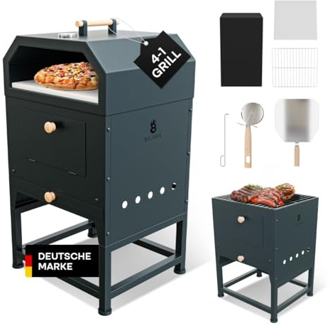 Balheka Pizzaofen Outdoor 2-in-1 mit Feuerstelle | XXL Zubehör Set inkl. Cordieritstein, Thermometer, Kohleschale & Abdeckhaube