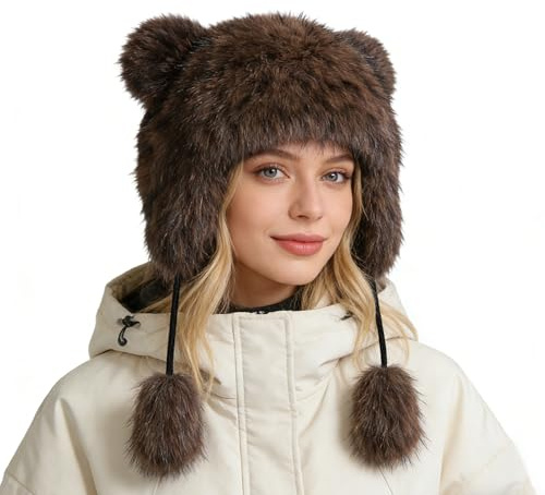 Faux Fur Raccoon Hat Furry Trapper Hats with Earflag Tail Coonskin Cap with Floppy Ears Adjustable Plush Winter Beanie Cap Windproof Bear Ears Trapper Hat for Cosplay Winter Festival Theme Parties