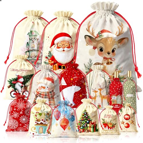 Christmas Gifts Bags - Extra Large Christmass Bags for Presents, 15pcs Christmas Sacks with Wine Bottle Bag, Fabric Xmas Drawstring Gift Bags Reusable, Cloth Xmas Wrapping Bags Variety of Sizes