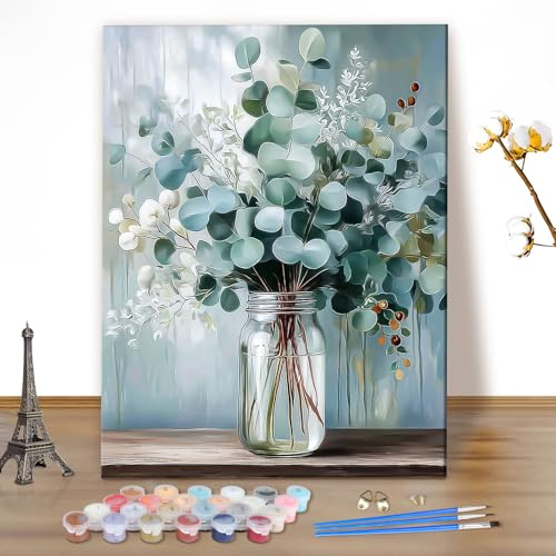 MEIYUDA Pintar por Numeros Adultos Flores en un jarrón, DIY Cuadro al óleo con Números, Kit de Pintura al óleo Digital para Adultos de Lienzo, Decoración para el Hogar 40x50cm(sin marco)