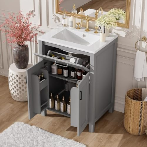 Mixtric Conjunto Tocador BañO Lavabo, Armario BañO Moderno con Estructura De Madera Maciza con CajóN ExtraíBle, Estante Ajustable Y Dos Puertas Cierre Suave Organizador