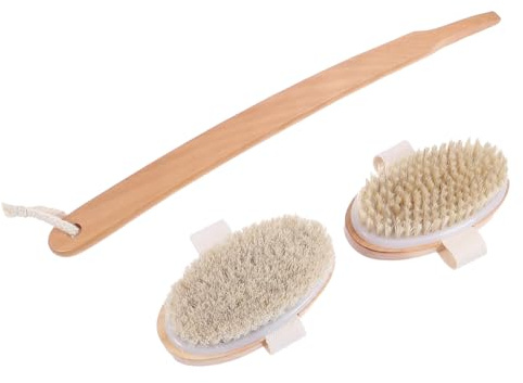 VILLCASE Brosse Long Manche en Bois Poils Naturels de Porc et Cheval Gris Lot de 2 set de Brosses Exfoliantes Dos Masseur de Peau Accessoire de Bain pour Nettoyage Corporel