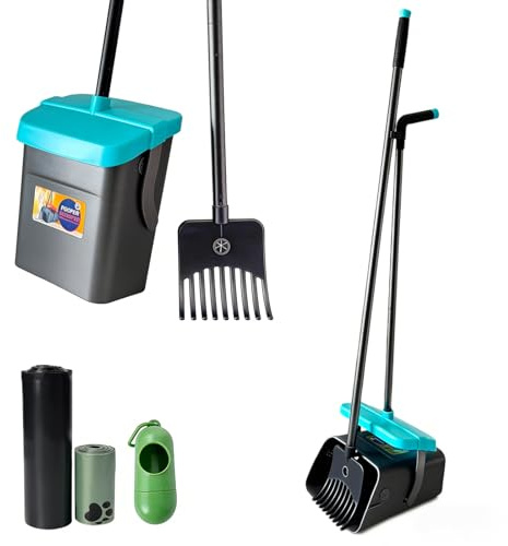Glowspire 46 Pooper Scooper Swivel Bin & Rake for Large Small Dogs with Bag Attachment, Long Handle Poop Scooper with Lid for Yard (Blue)