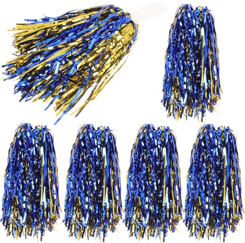 CLISPEED Lot de 6 Pompons Pailletés pour Cheerleading Garçon et Filles Poignée PP Plate Bleu Métallique Doré Accessoire D’Encouragement pour Danse Sport et Compétition