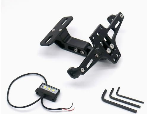 Portatarga per moto, regolabile, con luce targa e attrezzi, universale, in lega di alluminio, compatibile con la maggior parte dei modelli di moto più comuni